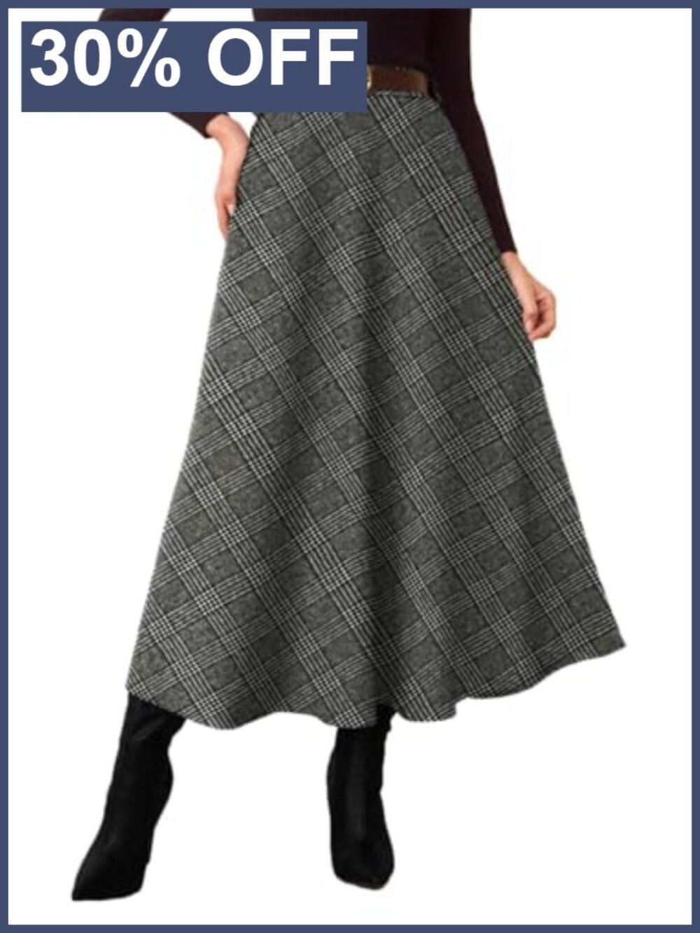 Plaid A-Line High Waist Flared Midi Tartan Skirt with Pockets
